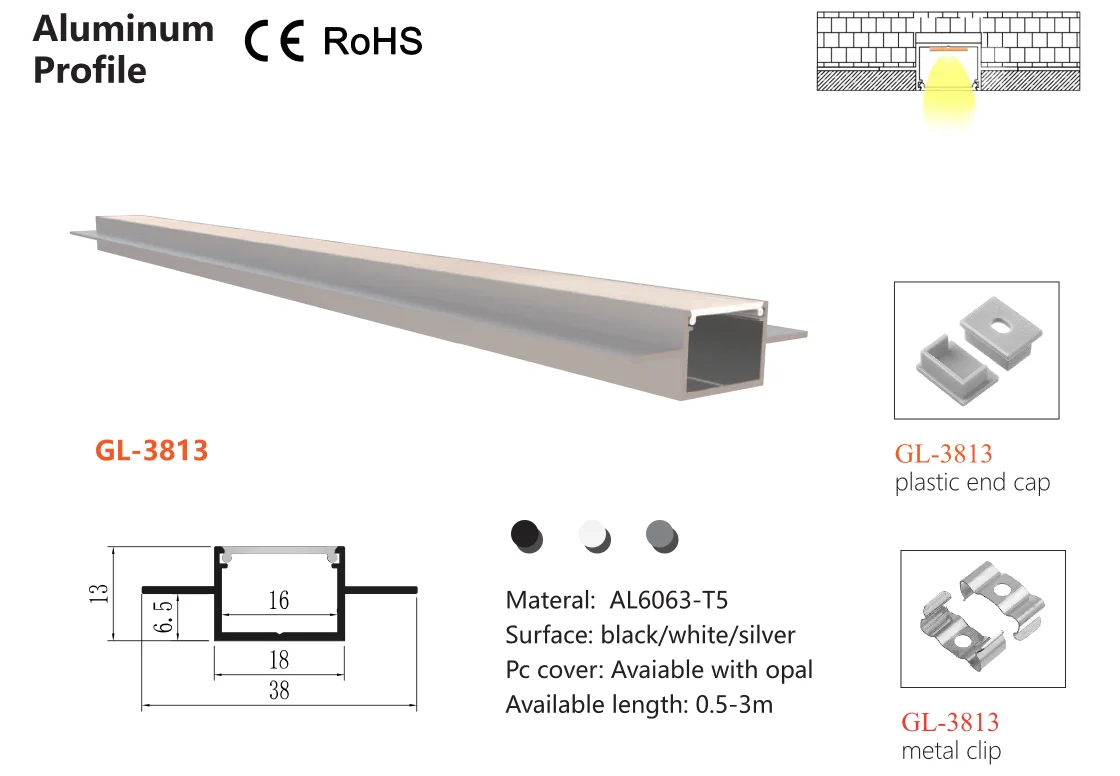 Glite 2022 new arrive aluminum profile GL-3813 recessed mounted 13*38 size custom length/color for LED strip lighting
