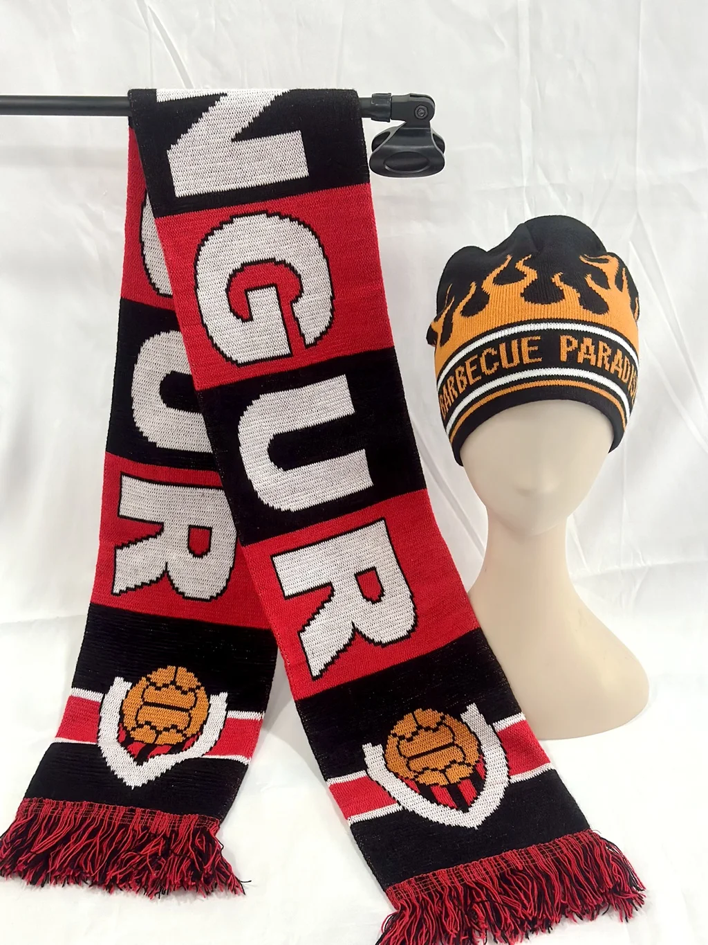 Weather forecast company emblem and character avatar knitted jacquard acrylic beanie hat and muffler  scarf