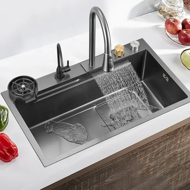 Countertop style Gun grey single bowl stainless steel kitchen sink with tray 3 function commercial faucet