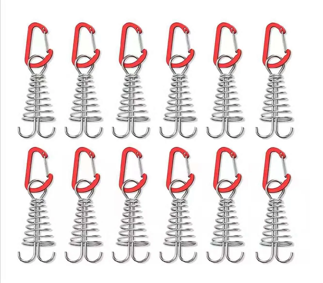 12Pack Adjustable Fishbone Deck Anchor Pegs, Windproof Octopus Deck Nail with Carabiner, Camping Tent Nail with Spring Buckle,