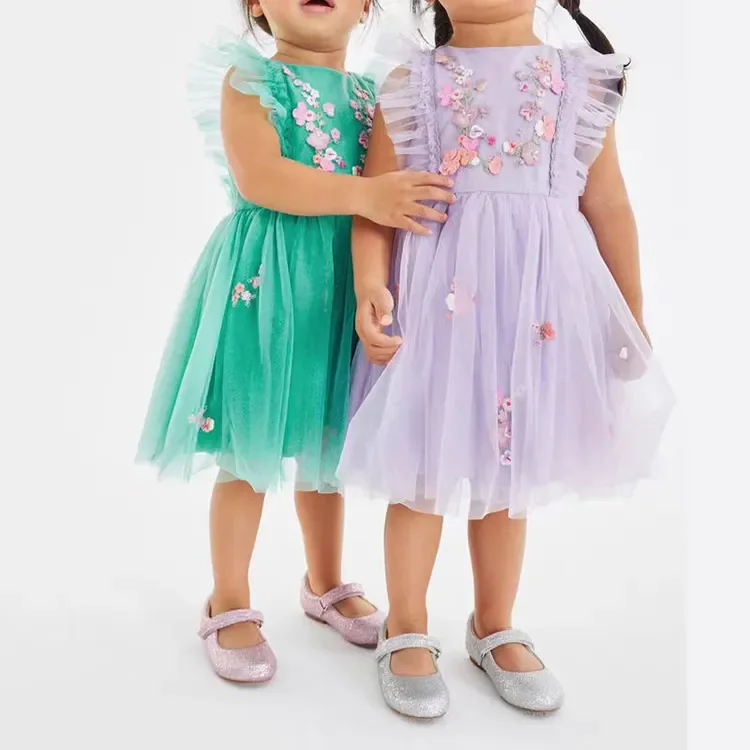 Wholesale Girls Party Wear Lilac emerald green Floral Appliqued Tulle Flower Girls Party Dress
