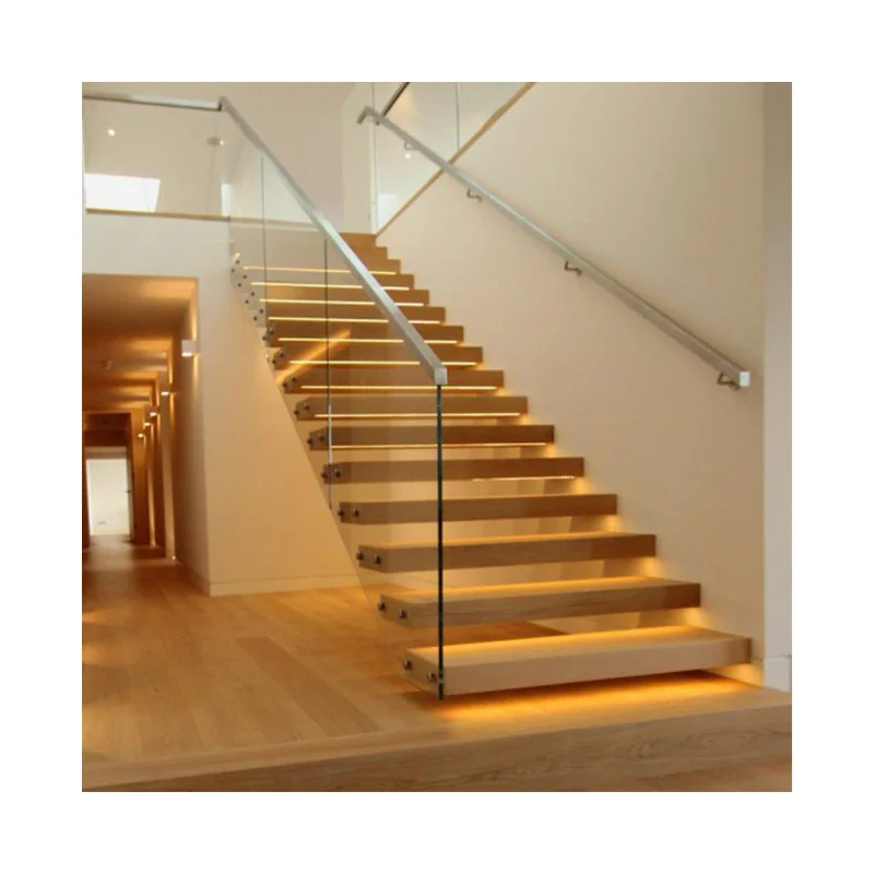high quality interior Invisible Stringer Floating Stairs With solid Wood Tread