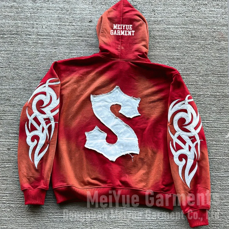 Custom Embroidery Patches Distressed Hoodies 100% Cotton French Terry Hoodie Acid Wash Vintage Jogging Hoodie And Sweatpants Set