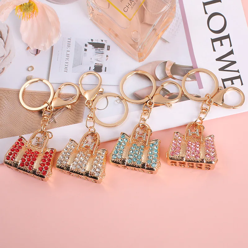 Hot Sale Creative Fashion Car Diamond-Encrusted Metal Keychain for Women Men Bags Pendant Handbag Rhinestone Key Ring Party Gift