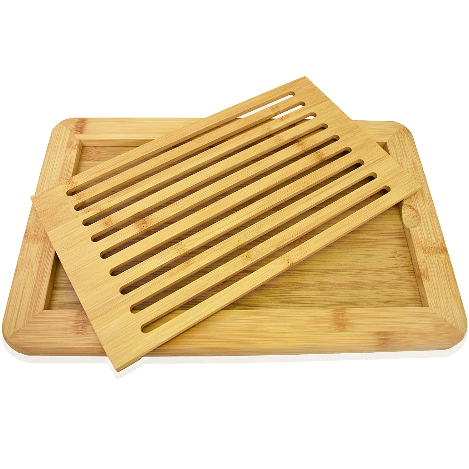 Organic Bamboo Slotted Bread Cutting Board with Removable Crumb Catcher