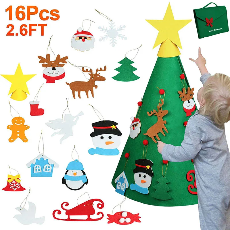 Vlovelife Xmas Wall Decor 3D Felt Christmas Tree with Box Multi Detachable DIY Ornaments Set For Kids Xmas Gift Home Decoration