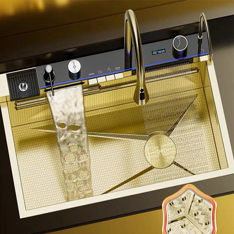 2024 Золотая Роскошная 304 нержавеющая сталь нано-водопад дождевой сотовый ключ для пианино кухонная раковина