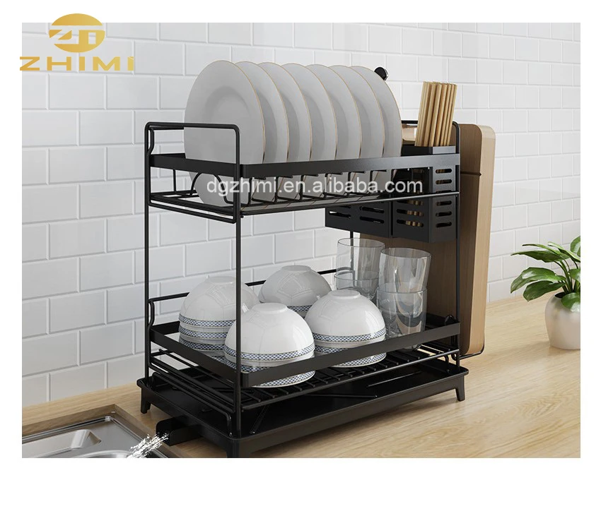 Metal Cup Glass Drainer Storage Dish Dryer Tray Rack With Kitchen Utensil Holder