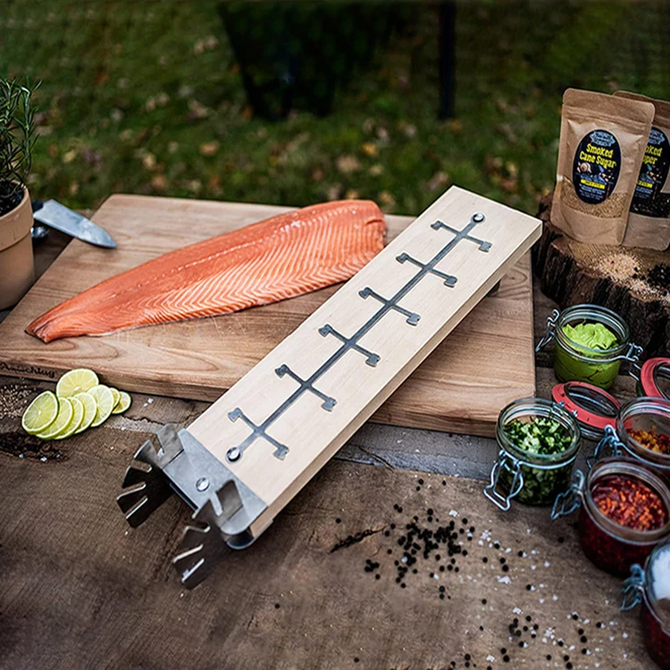 Outdoor BBQ Rotatable Wooden BBQ Salmon Board BBQ Accessories Grill Tray Salmon Frame