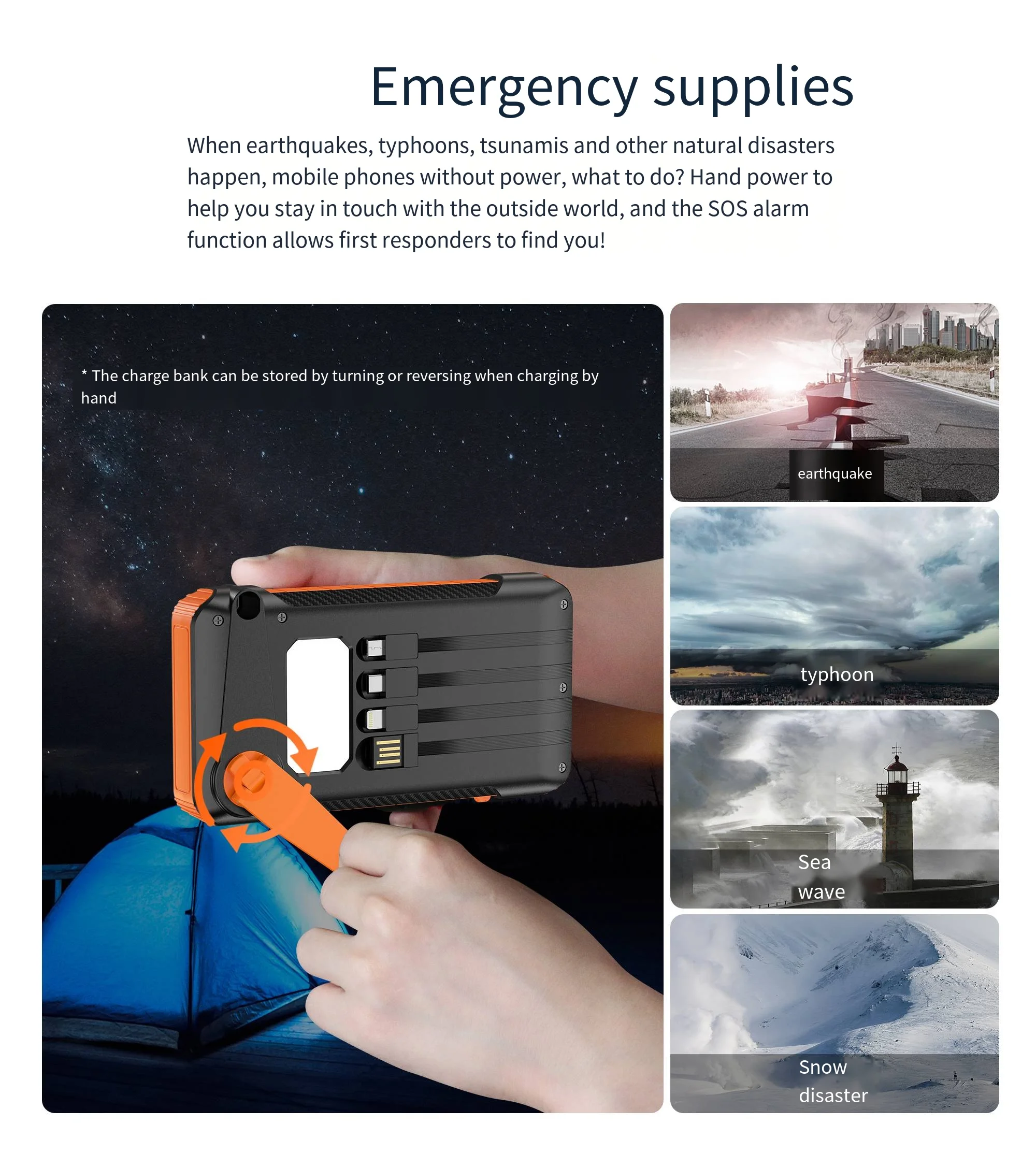 PD22.5W Hand Crank Generator Portable Solar Power bank 10000mah  Waterproof Solar Power Bank Solar Charger For Outdoor Charging