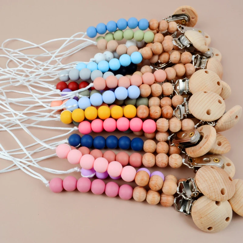 Factory Anti Drop 100% Silicone Baby Pacifier Clips Silicone Wood Octagonal Beaded Dummy Holder Chain