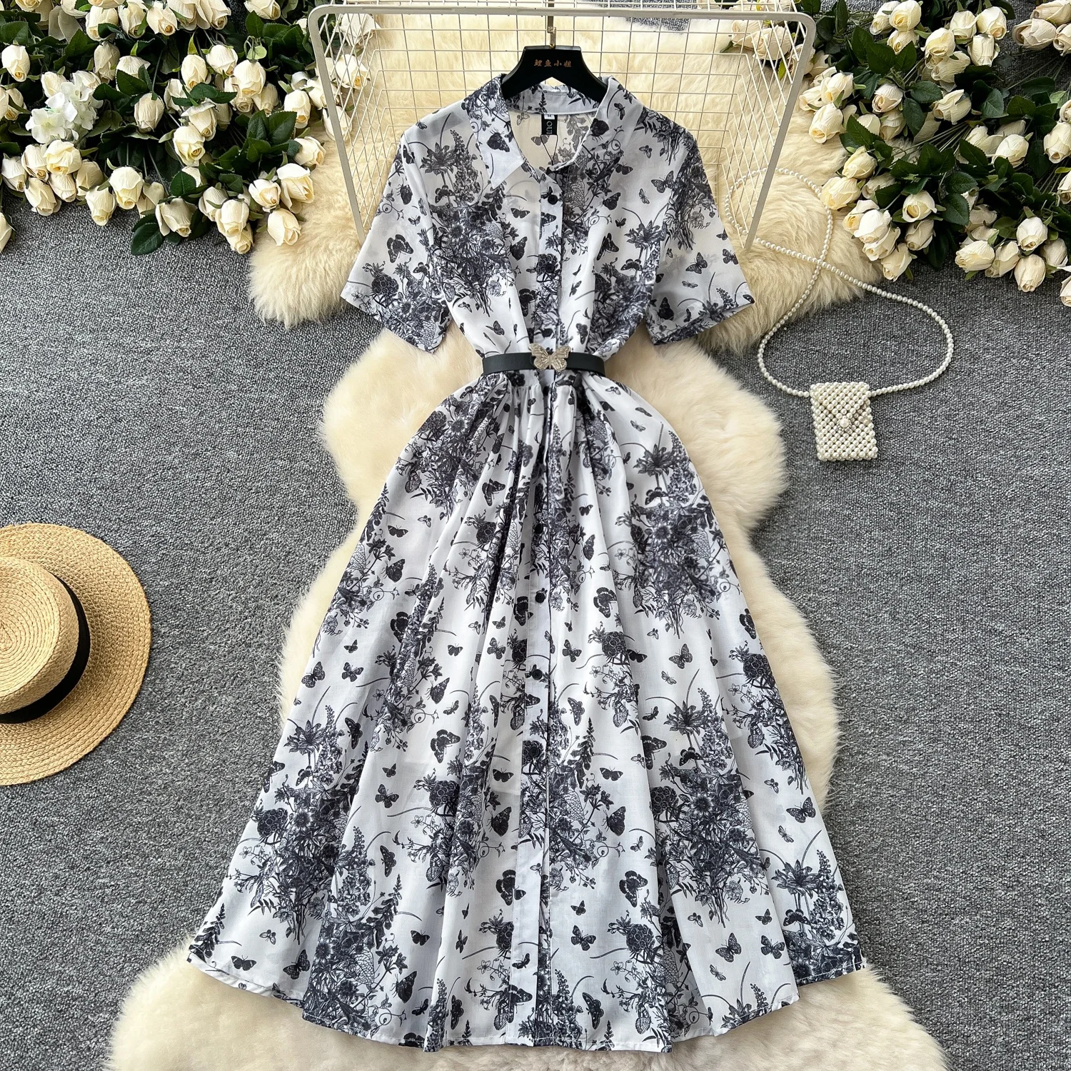 Elegant Fashion Printed Short Sleeve Shirt Dress Women Waisted Single Breasted Long Dress With Belt