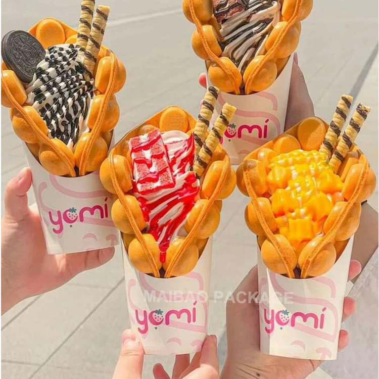 Custom Printed Disposable Paperboard Food Grade Packaging Pizza Packing Kraft Crepe Egg Bubble Waffle Ice Cream Paper Cone Cup