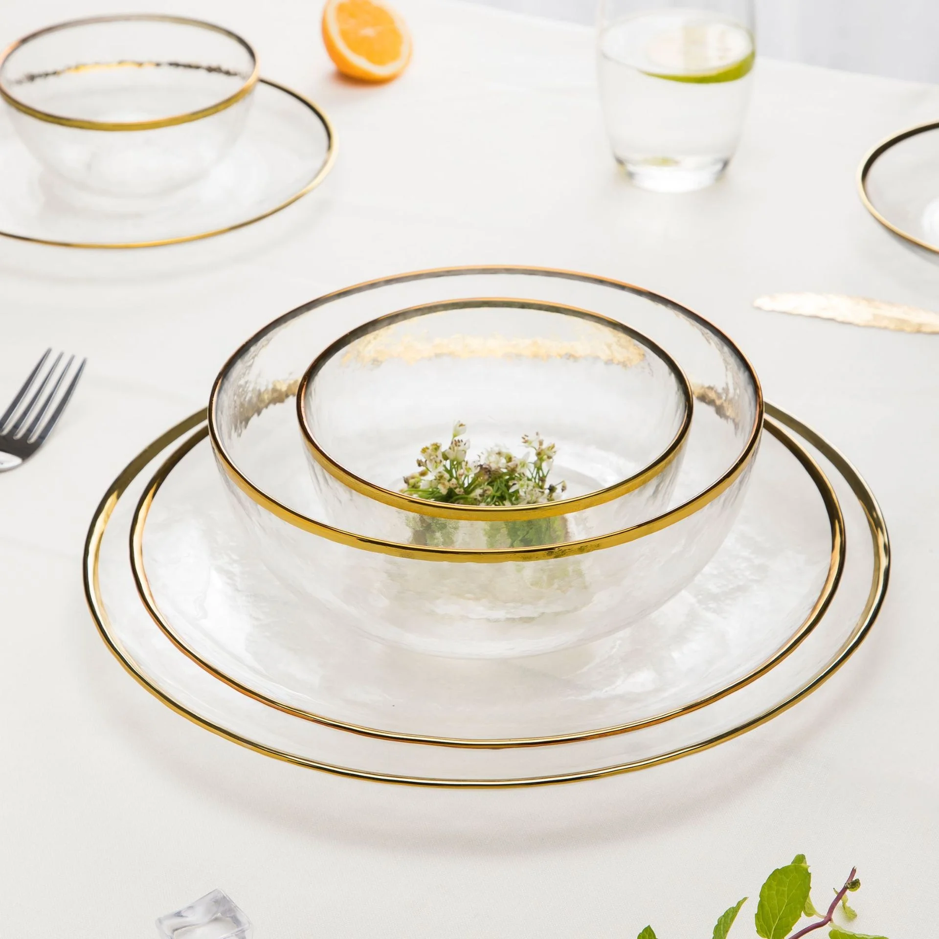 2024 Gold Rim Charger Plates Event Wedding Camping Minimalist Glass Charger Plates Round Glass Charge Party Plates