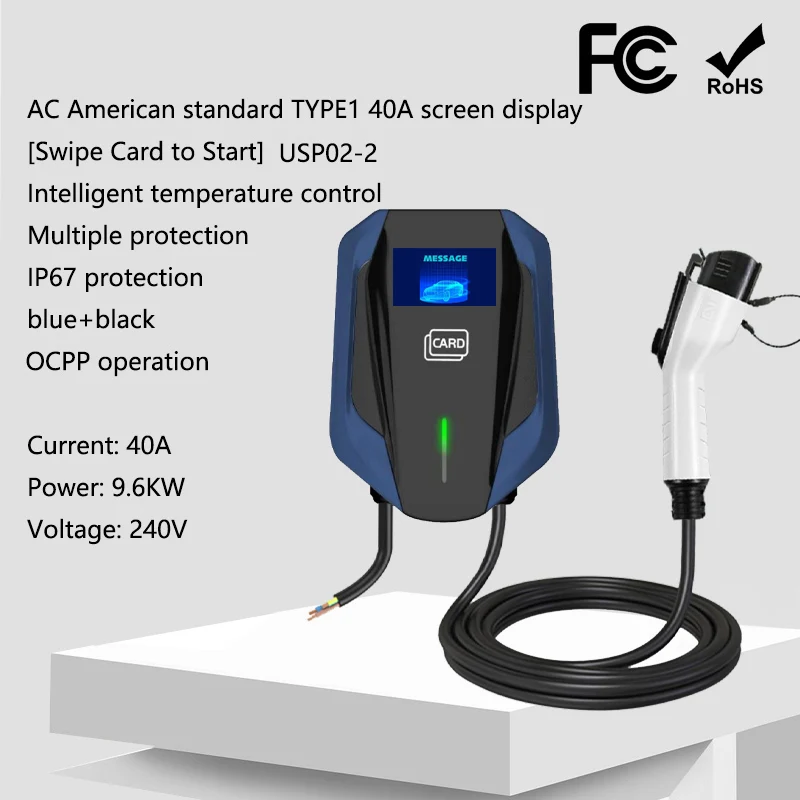 ZR-USP02-2 40A Type1 AC 9.6KW ev charger charging station display screen 4G or WiFi swipe the card to start for electric car
