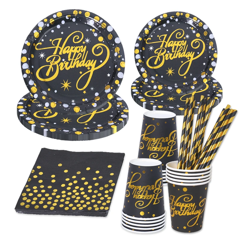 NEW Disposable Serves 24 Tableware Set Gold Black Happy Birthday Party Paper Plates Napkin Cup Set Party Plate Set For Birthday