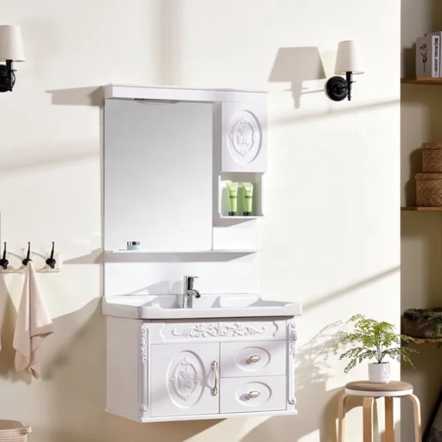 French modern waterproof double sink acrylic bathroom pvc cabinet washbasin rotating bathroom mirror cabinet