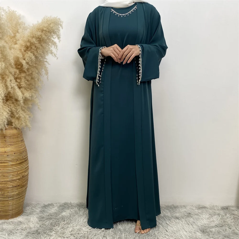 2006+6595# Elegant Muslim Women Dress Eid Diamond Abaya with Sleeveless Inner Two Pieces One Set