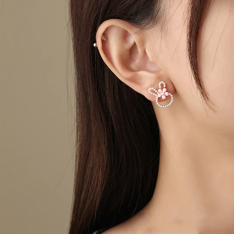 Wholesale S925 Silver Needle Sweet Little Rabbit Earrings Female Pearl Flower Rabbit Ears Cartoon Cute Earrings