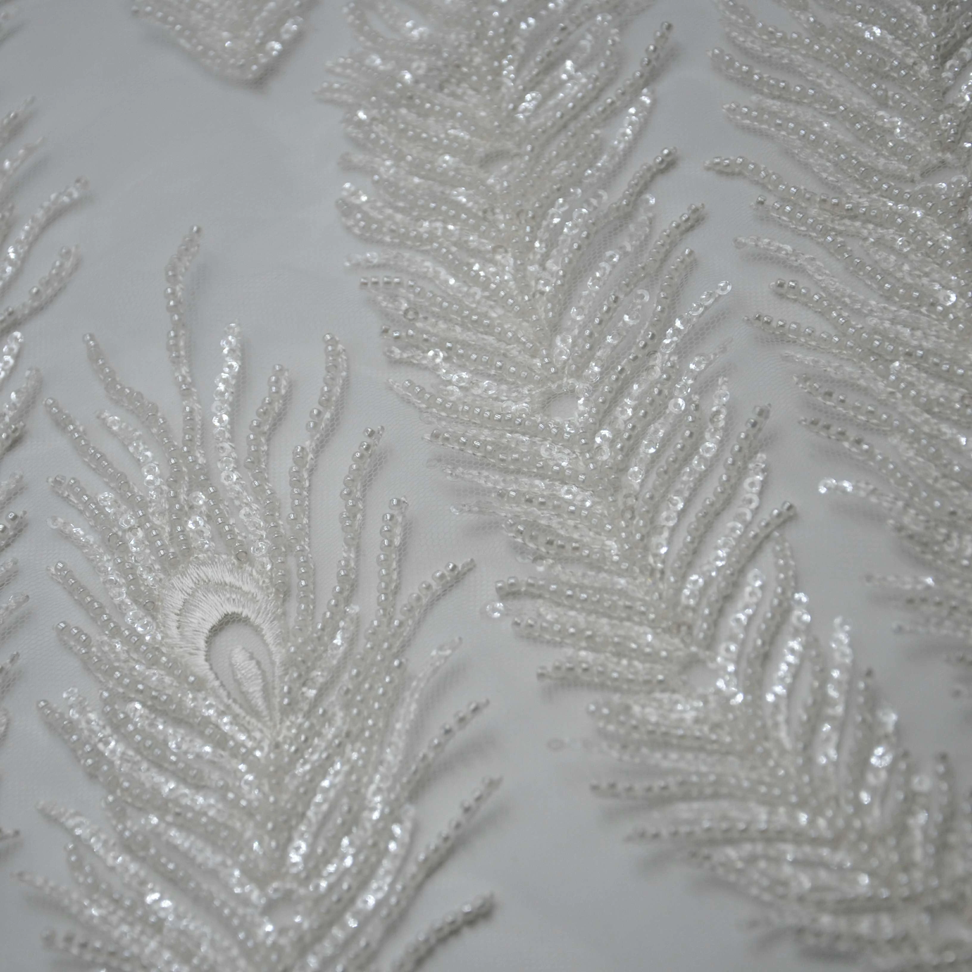 3D Lace fabric Peacock feather design High quality lace fabric with shiny sequin and bead