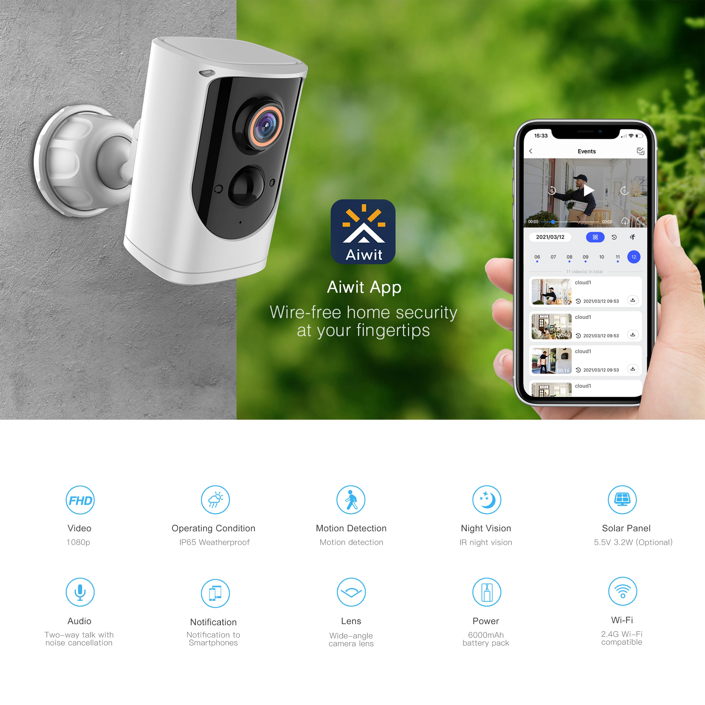 Hot Sale PIR Low Consumption Security HD 1080P CCTV Battery Solar Powered Wireless Camera with 6000mAh Battery and Solar Panel