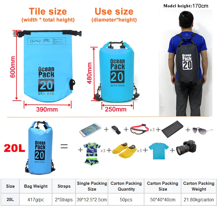 Customized 20L PVC Dry Bag Portable Foldable Wet Waterproof Backpack Outdoor Sports Hiking Trekking Beach Fishing Dry Bag