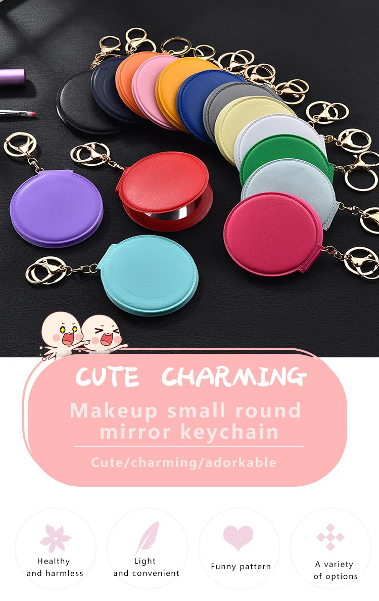 Makeup Mirror PU Small round Mirror Keychain Double-Sided Folding Mirror decorations Makeup Promotion Gift Custom Logo Keychain
