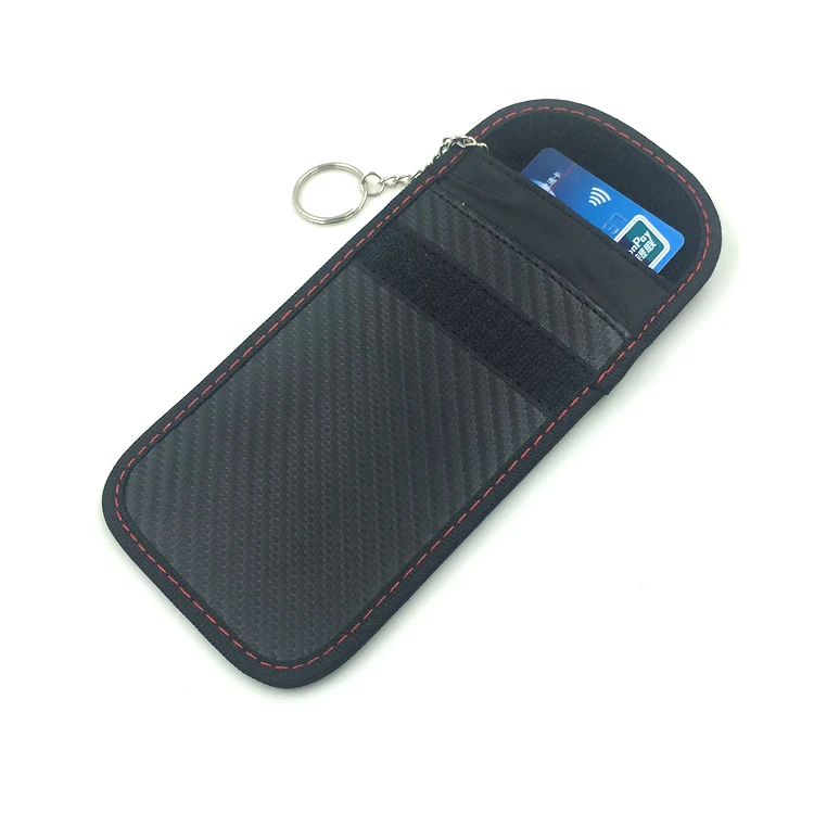 Black Carbon Fiber Faraday Car Key Bag Signal Blocker for all  common Keyless Car Fobs and Credit Car with Key Chain