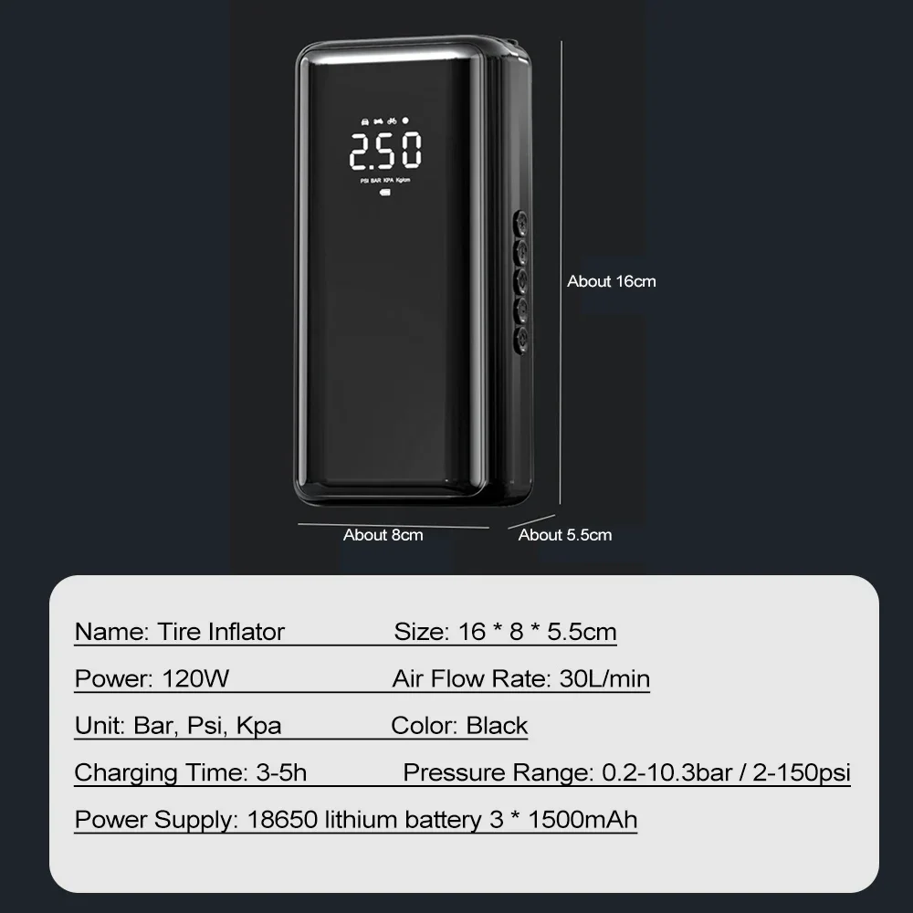 Cordless and Corded dual power car tire inflator, digital auto stop DC 12V 4500mah portable car air compressor