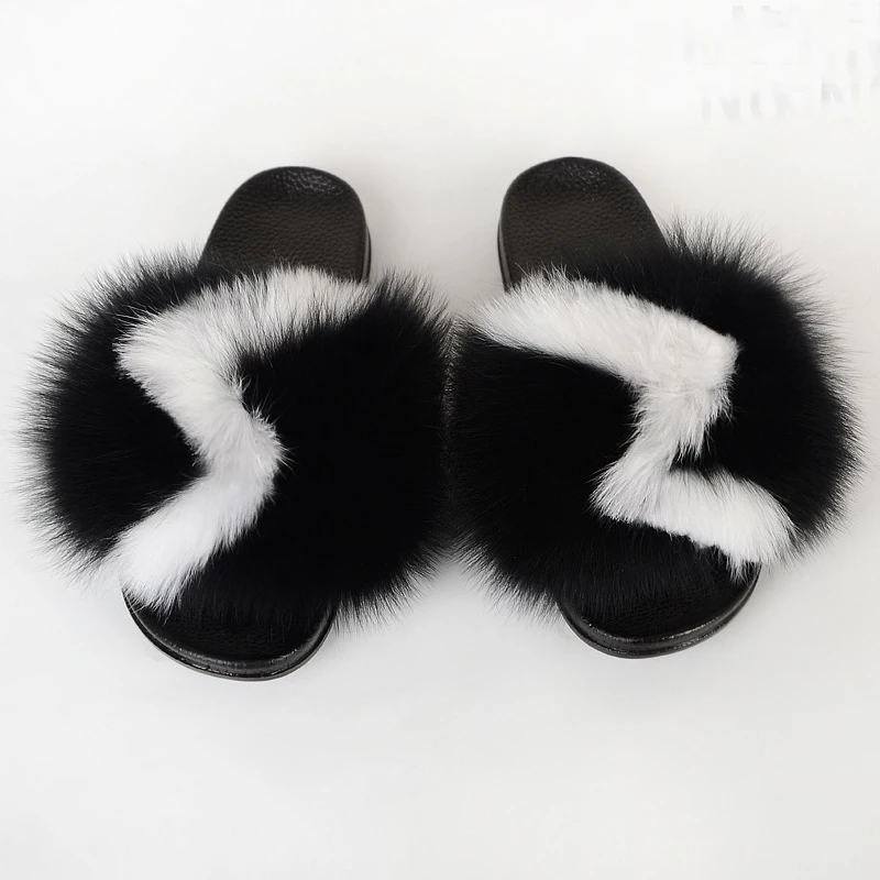 
Wholesale Customized Colors New style Slides Sandals Soft Fox and Raccoon Fur Flippers Women 
