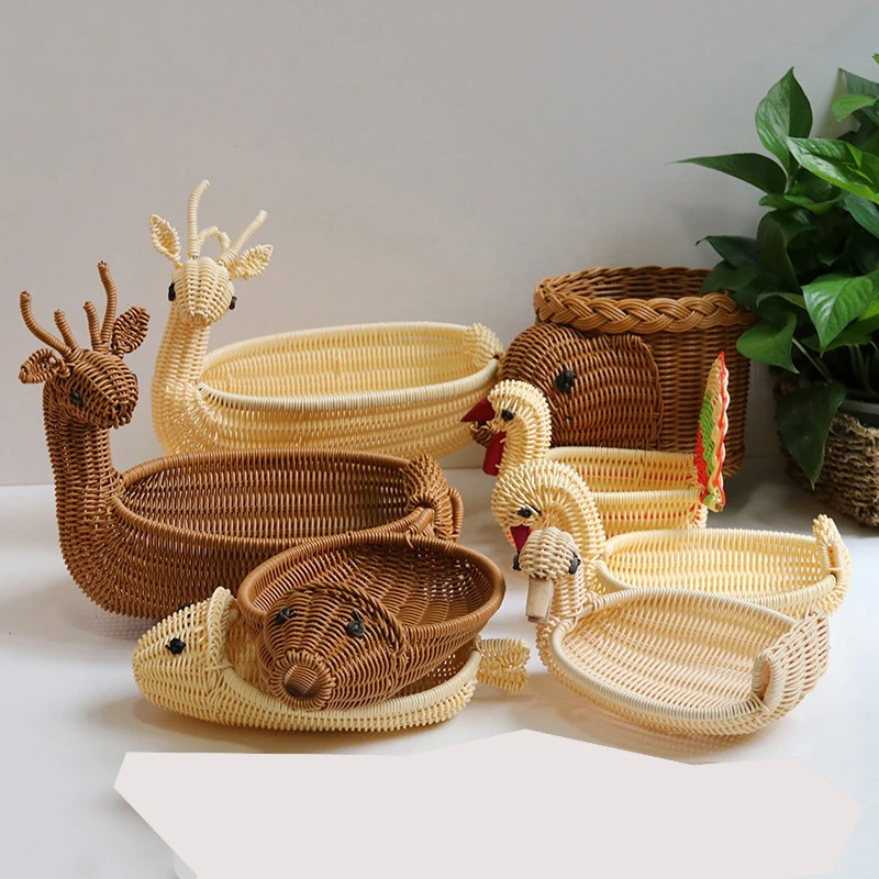
Handicraft chicken swan pig cow Gift Basket Dog shape Plastic Animal rattan squirrel animal egg snack food wicker Rattan basket 