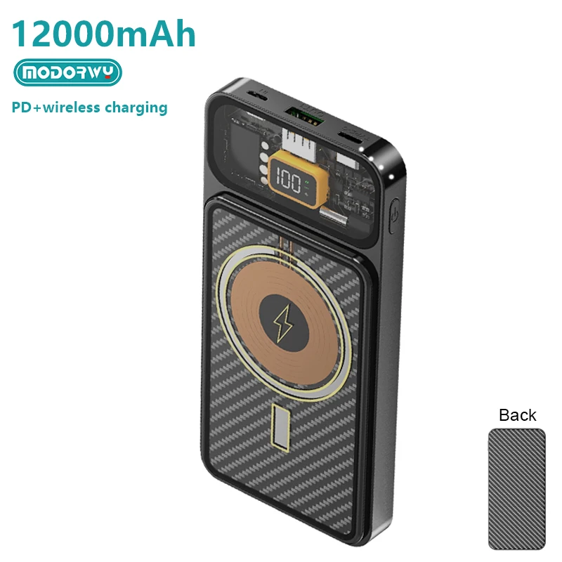 Latest Design Portable charger 12000mah Magnetic Power Bank Battery Pack Wireless chargers transparent Portable Mobile Charge