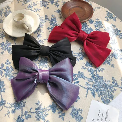 Wine Red Satin Bow Barrettes Three-Layer Ribbon plus Size Fabric Craft Steel Clip Student Spring Clip