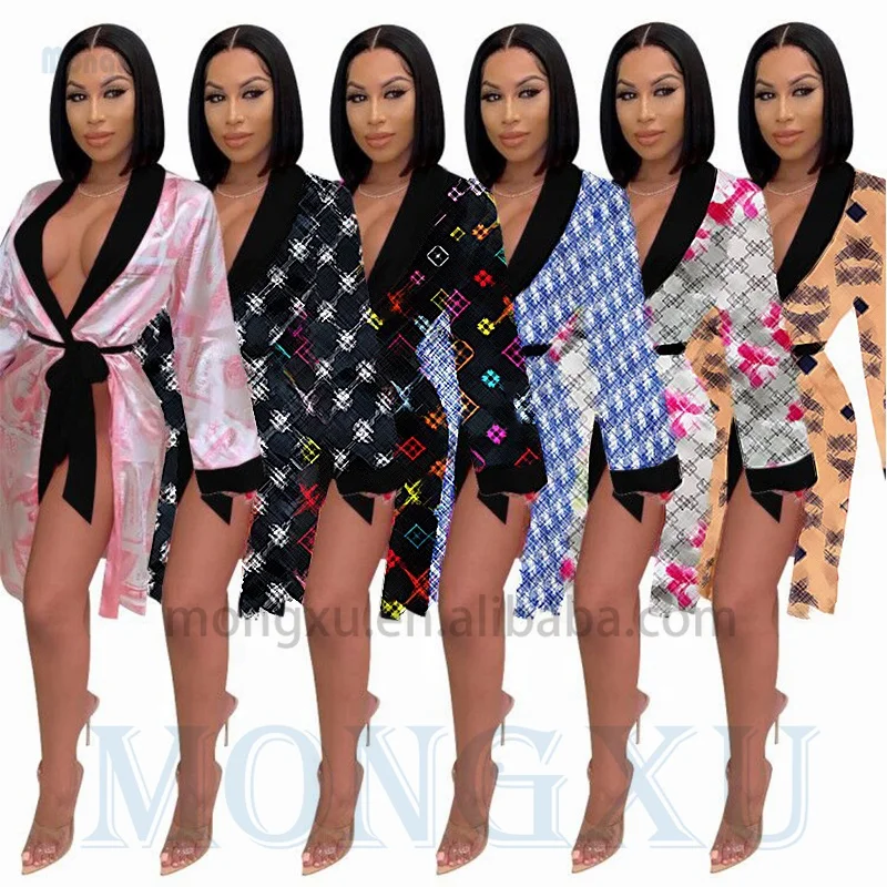 2023 Famous Brand Designer Print Robes Sleepwear Lingerie Luxury Long Sleeve Bathrobe Silk Satin Kimono Robe For Ladies