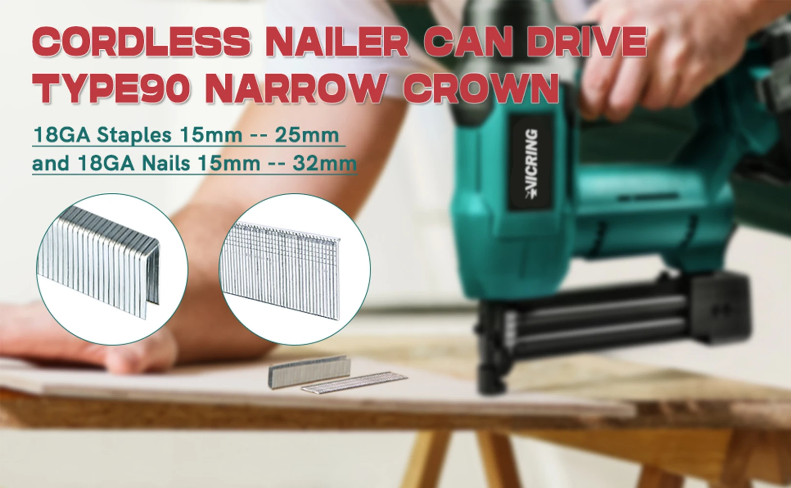 VICRING  Nail Gun And Staple 18V Max 2.0Ah Cordless Nailer Battery Power Tool Nail Gun Safety Nailer Cordless Nailer Easy-to-use