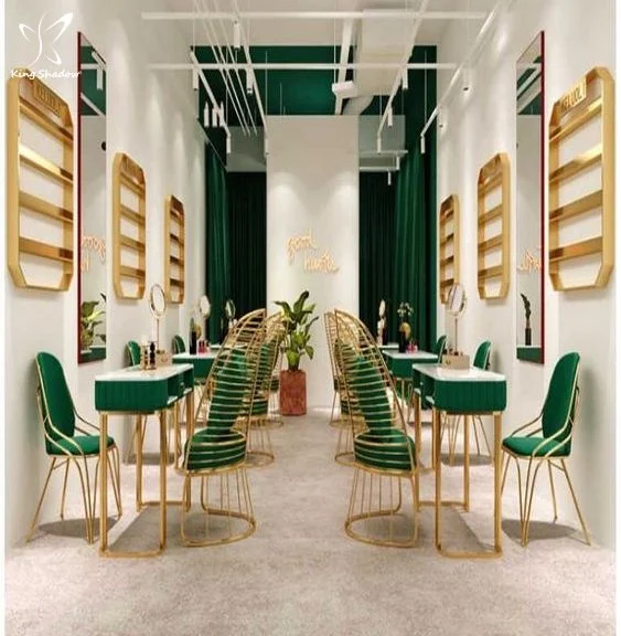 Fashion style cheap nail table gold frame nail salon furniture wholesale