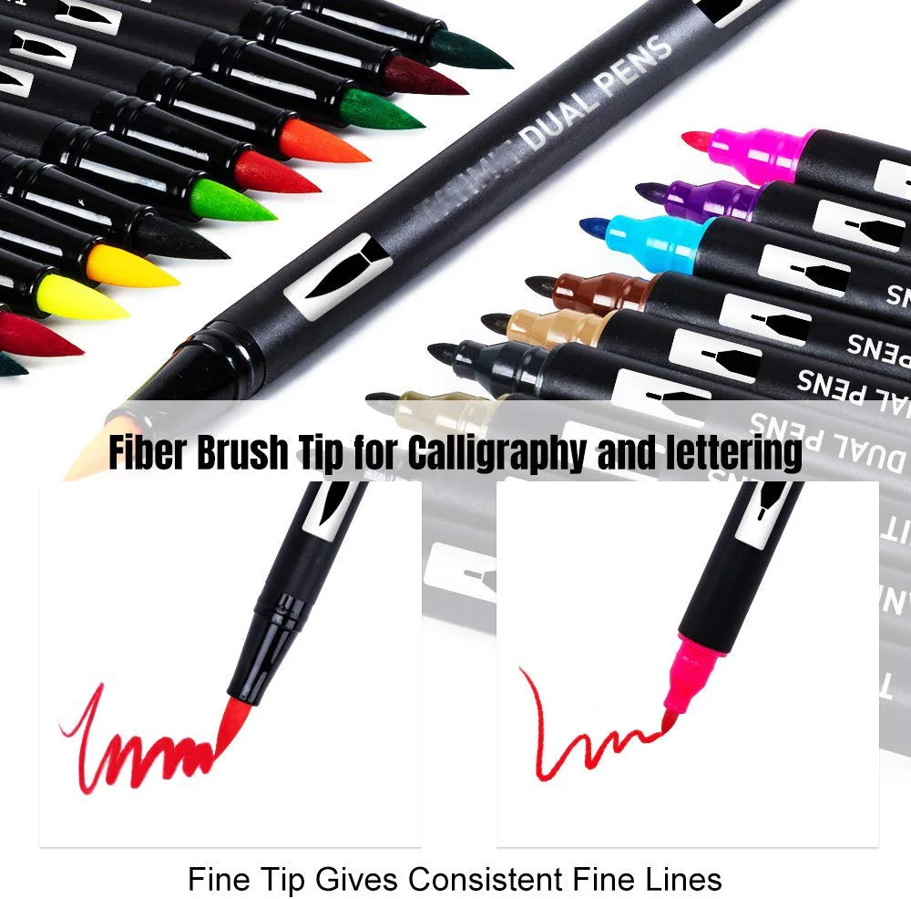 
24 Colors Dual Tip Brush Pen Art Markers 30% More Ink Fine Tip & Calligraphy Brush Pens 