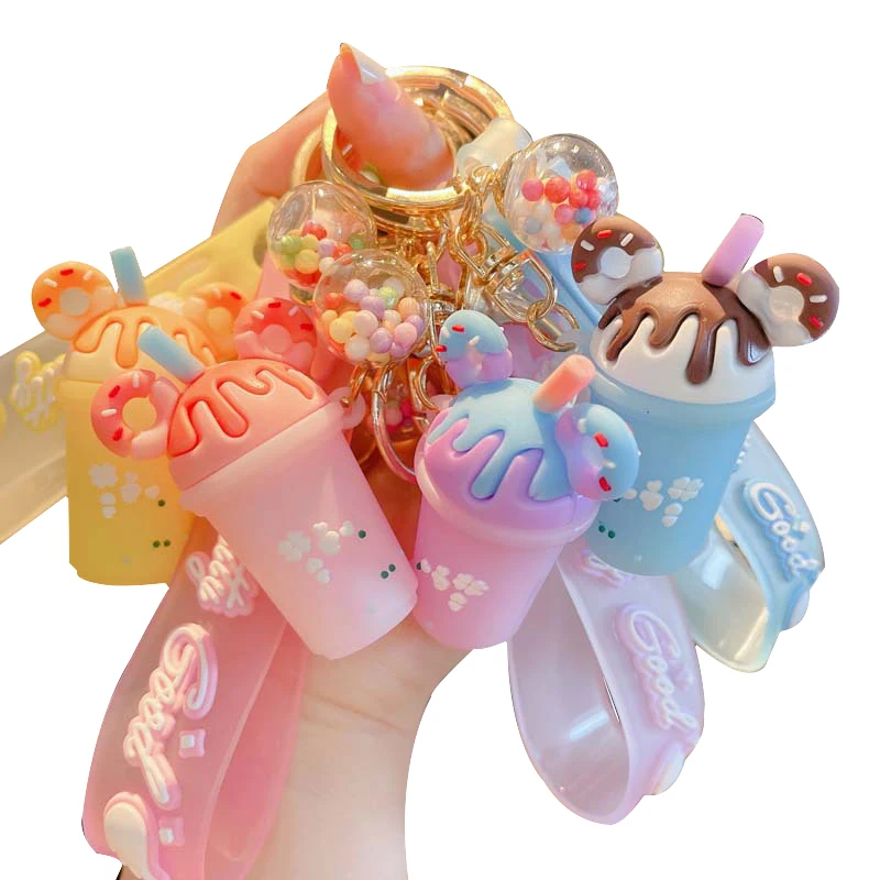 Custom Creative Ice Cream Milk Tea Mini 3D Pvc Keychain Metal Keyring Car Accessories  Rubber Key Chains