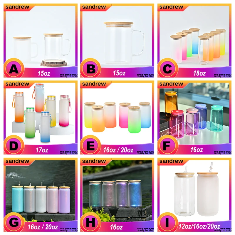 USA WAREHOUSE 16oz Frosted Beer Can Shaped Soda Gradient colorful Glass glass can with bamboo lid and straw