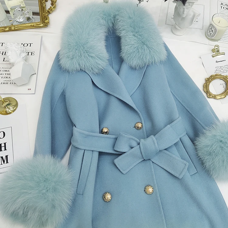 Celebrity winter clothes double breasted overcoat fox fur trimmed women jacket long length winter wool coats