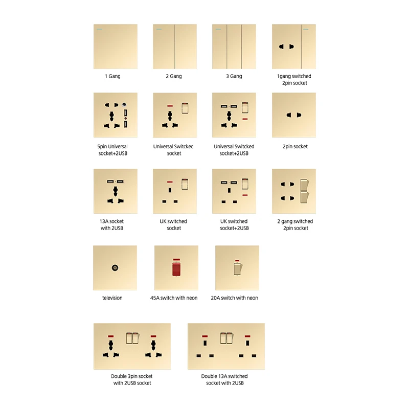 S1.2 BS/UK 2 gang 13A switched socket 3 pin FM  wall switch socket with brass
