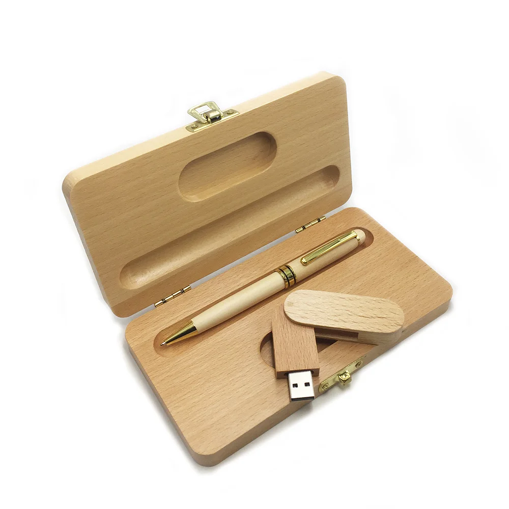 High Quality Luxury Custom Engraved Logo Gift Set Wood Pen USB Flash Drives with Wood Box