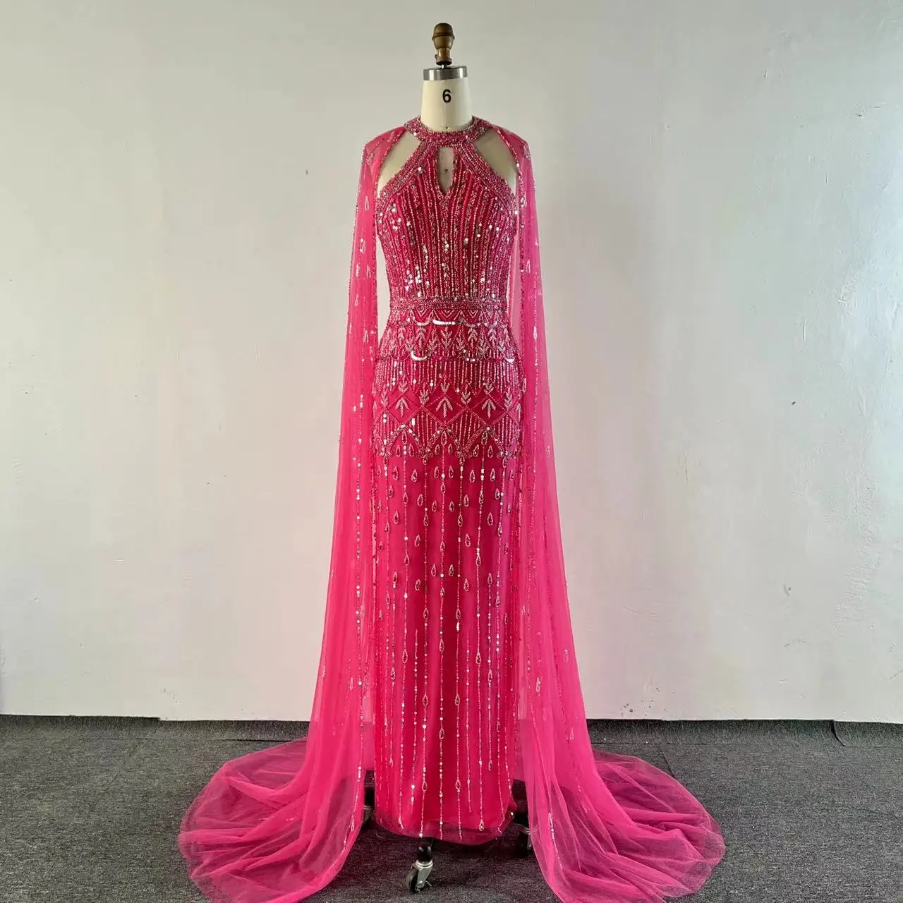 NEW Pink Cape Sleeves Mermaid  Beaded Elegant Evening Dresses Luxury Gowns For Women Arabic Party