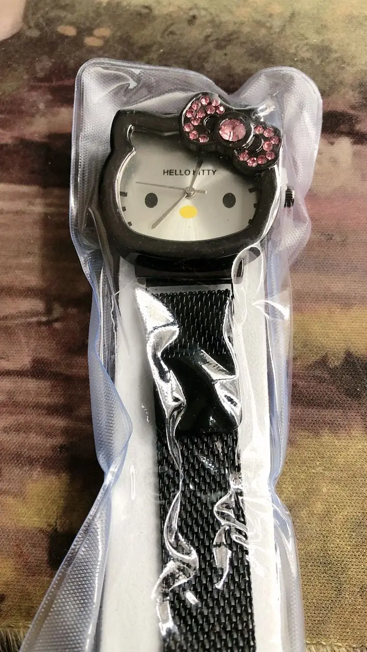 Silver Gold Kids Net Strap Watch Student Cartoon KT Cat Girl Quartz Watch Magnet Watch