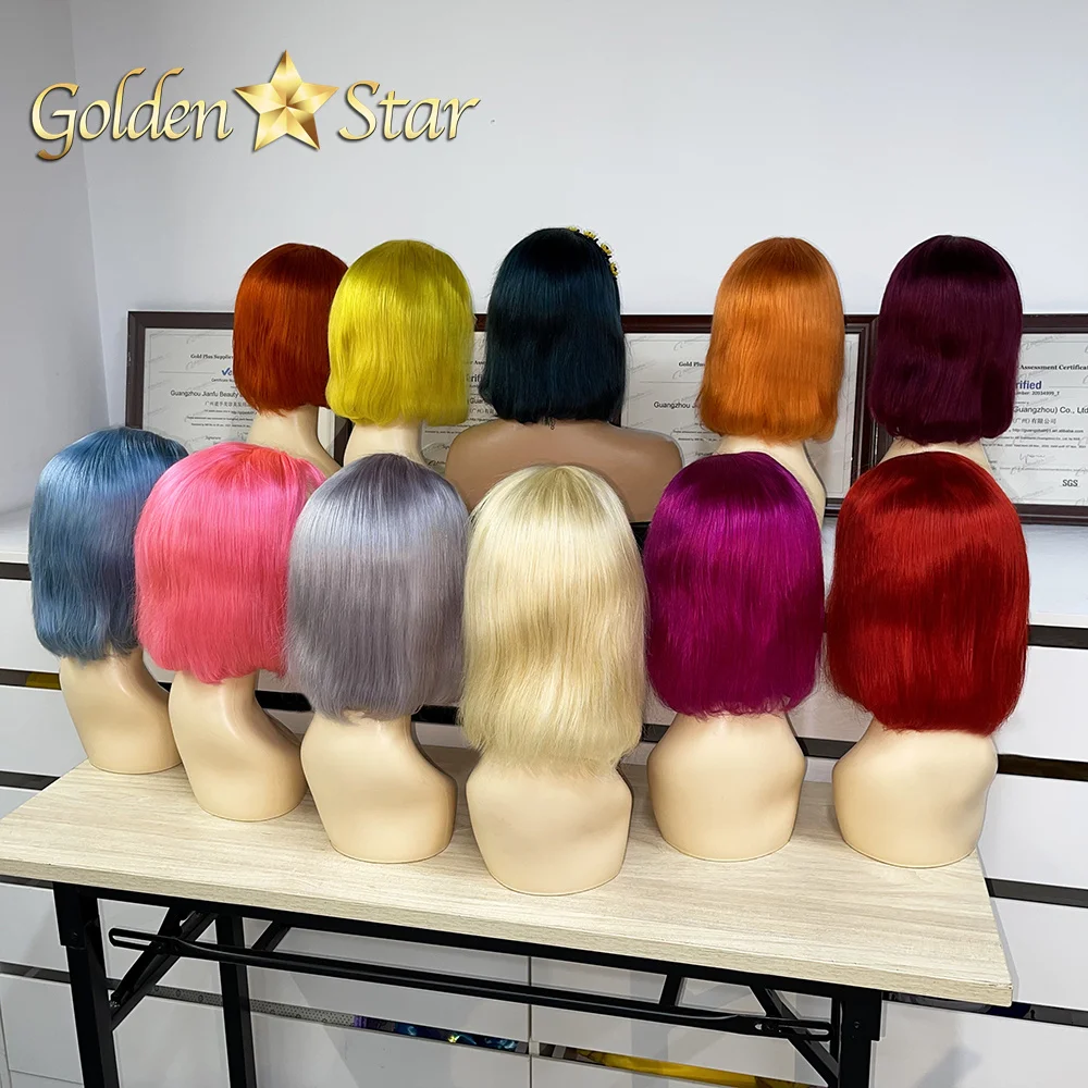 Заводская цена предварительно выщипанные прозрачные кружева 13x4 Цветные Короткие парики боб, бразильские человеческие волосы красный/желтый/синий Боб кружевные передние парики