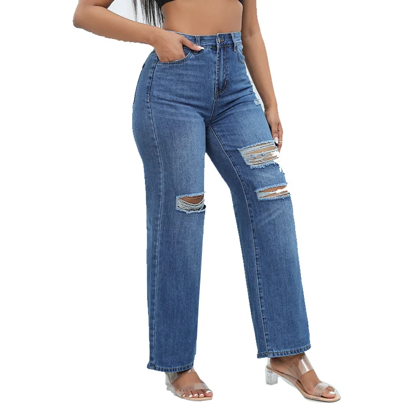 New High rise Belt loops Concealed Ripped Fly Wide Leg Women Jeans  Denim Pants Custom Women Jeans Factory Light Blue