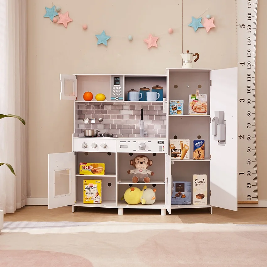 New Kids Role Play Wooden Toys Vintage Kitchen with Cookware Accessories Play Set for Toddlers