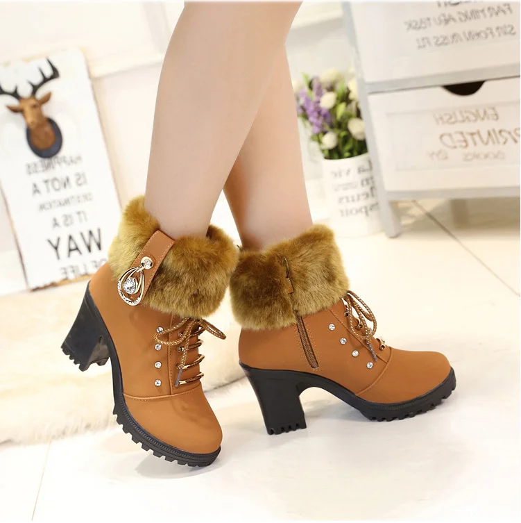 New Winter Women High Heels Shoes Warm Non-slip Block Cow Suede Warm Snow Boots Fashion Designer Crystal Plush Goth shoes