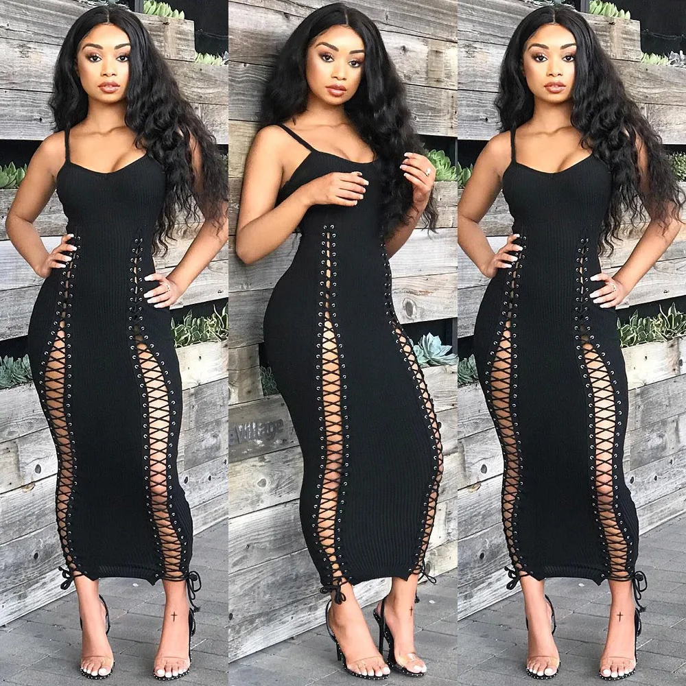 
Hollow Out Bodycon Dress 2019 Women Clothing Europe and America Strap Sleeveless Club Dresses 