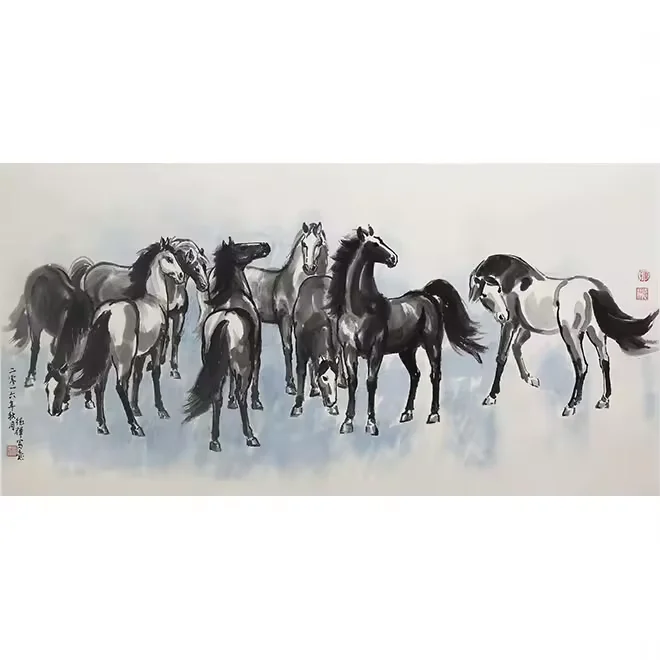 Traditional Chinese style eight horses galloping picture office tea room wall hanging decorative canvas oil landscape painting
